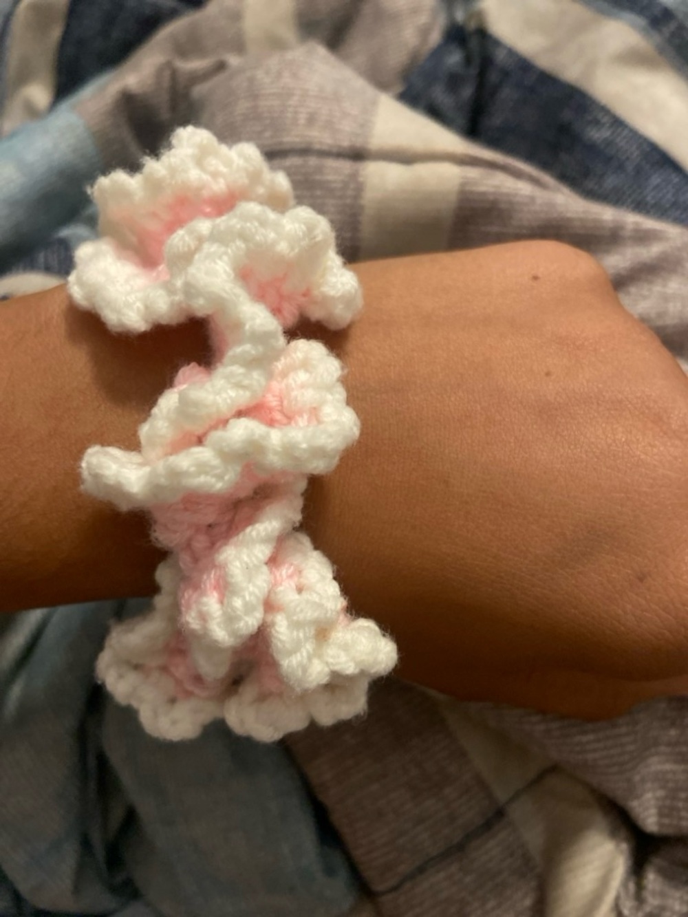 Handmade Pink & White Crochet Ruffle Scrunchie for Kids